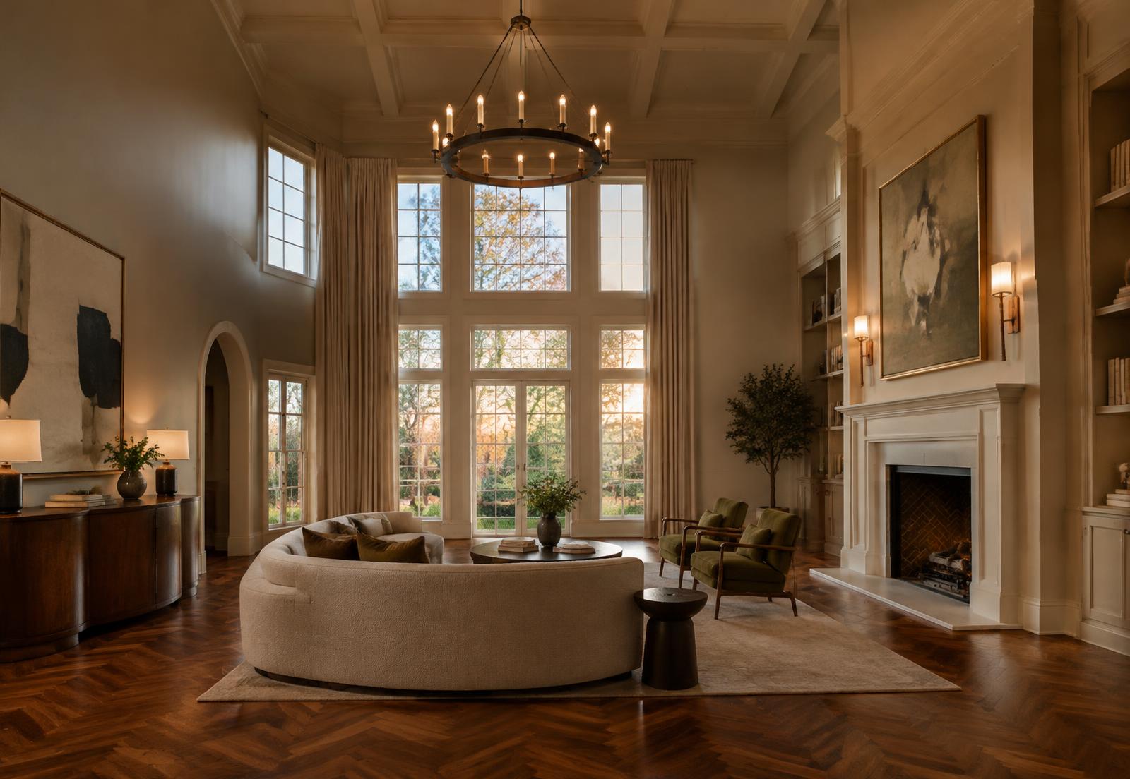 A double-height living room with tall windows in a large Maryland home