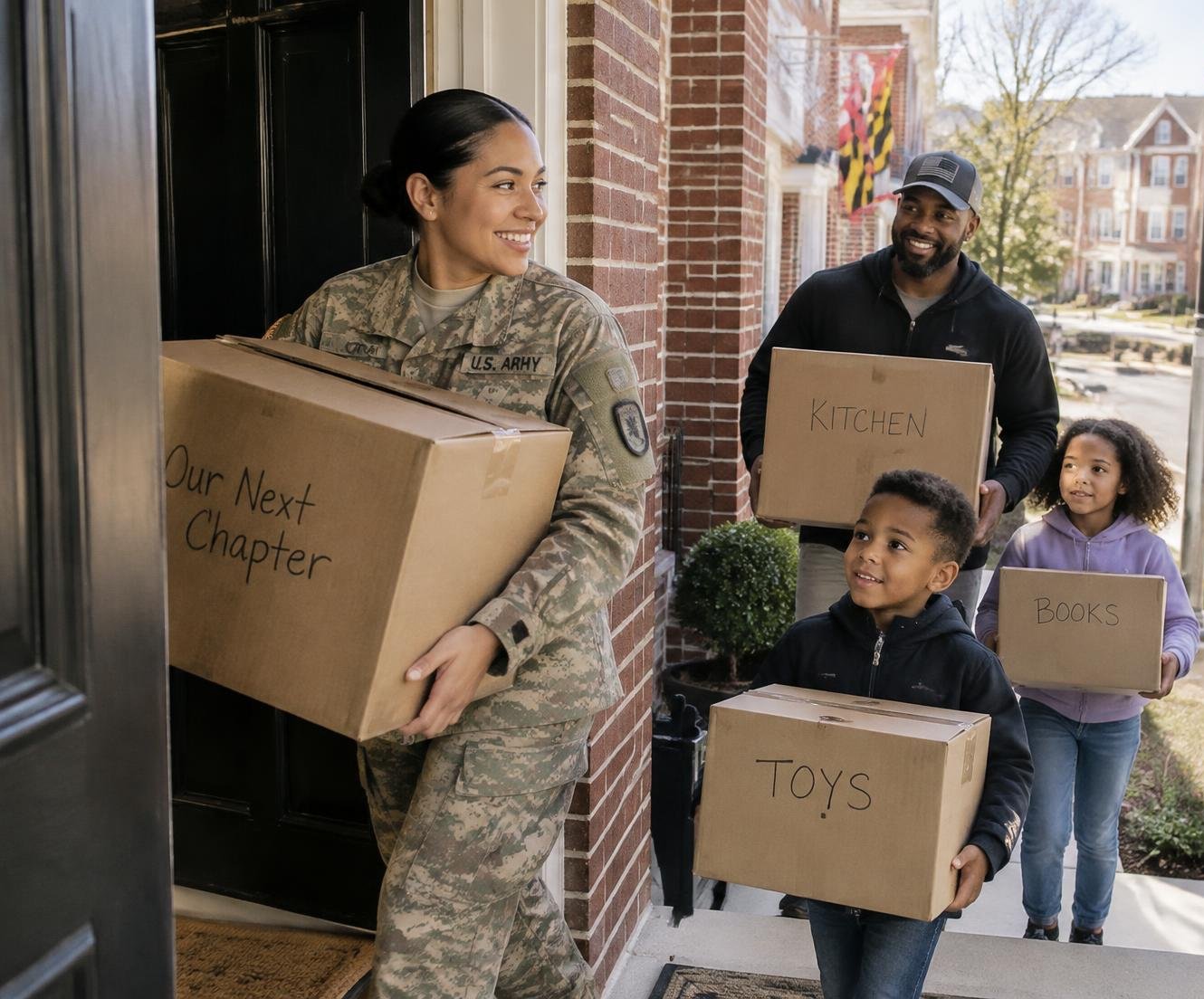 A service member in Army uniform carrying moving boxes into a new home with family