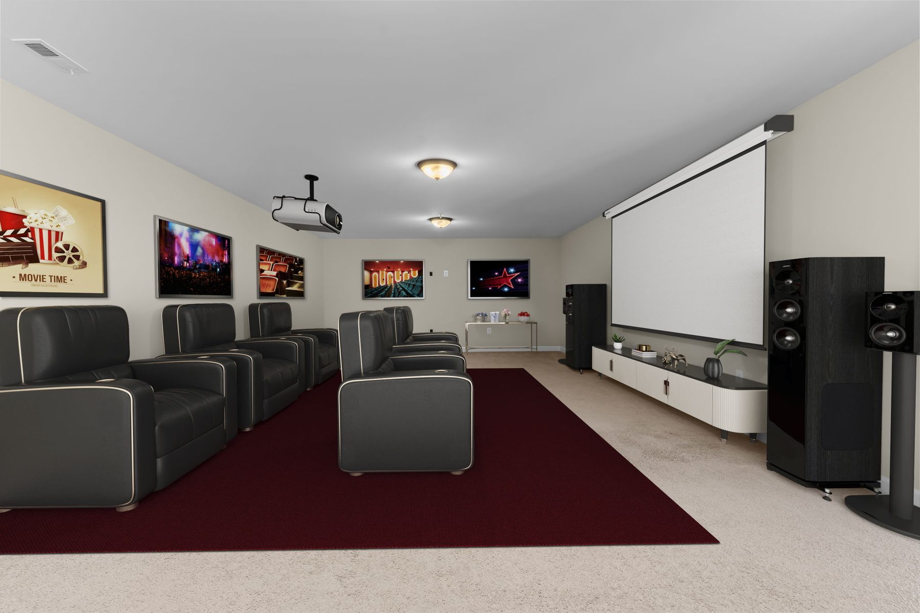 A home theatre with tiered recliners, virtually staged